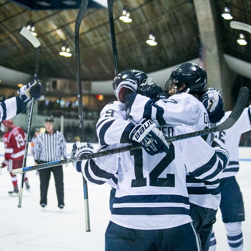 The Yale Men's Hockey Team celebrates a victory over Harvard.